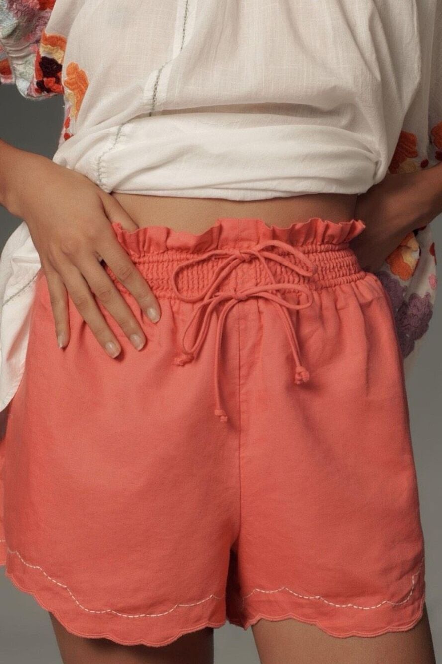 By Anthropologie Linen Cotton Scallop Hem Lightweight Double Tie Shorts Size XS